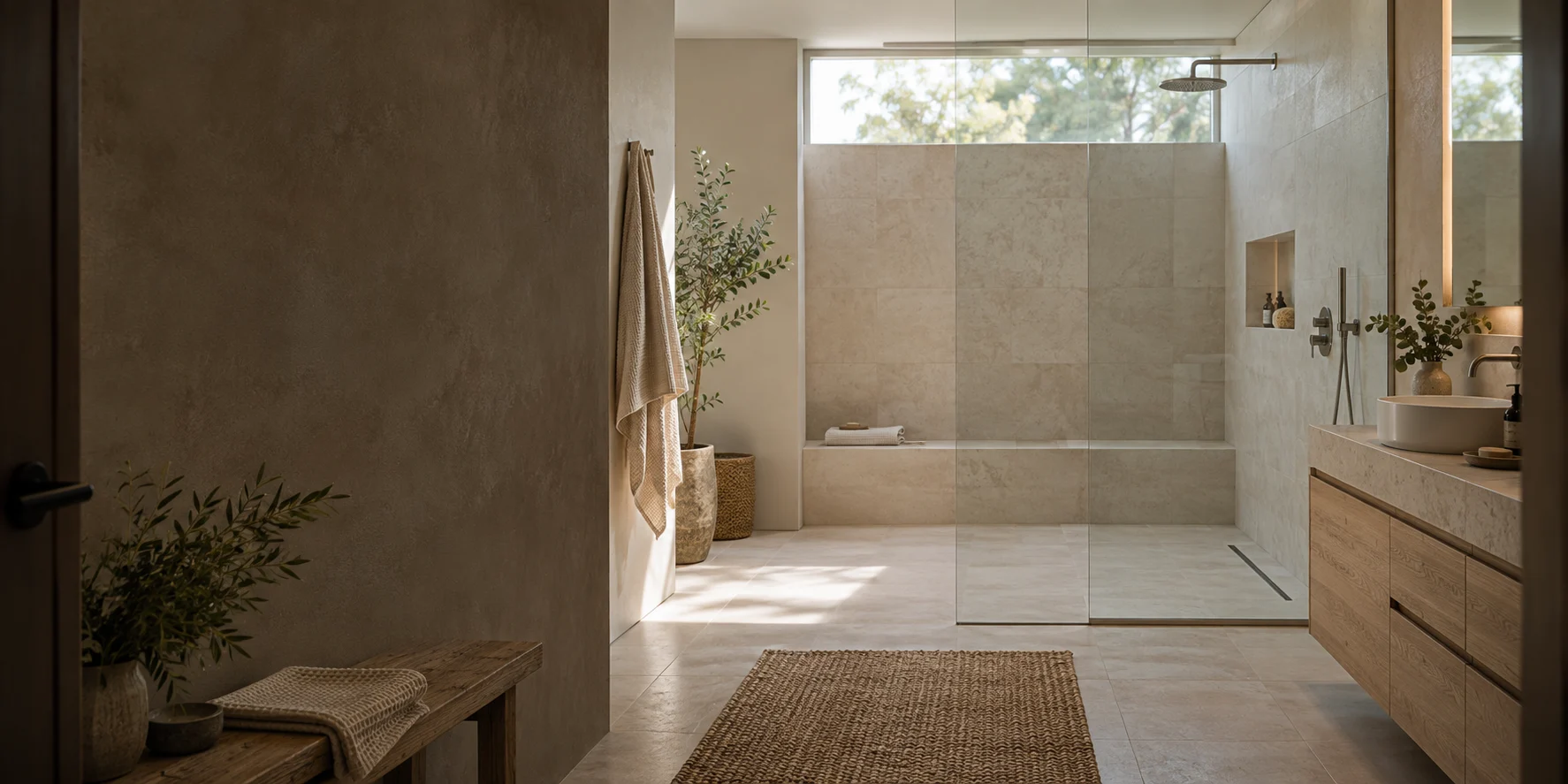 Baño tipo spa con ducha de lluvia, piedra clara, banco integrado y luz natural